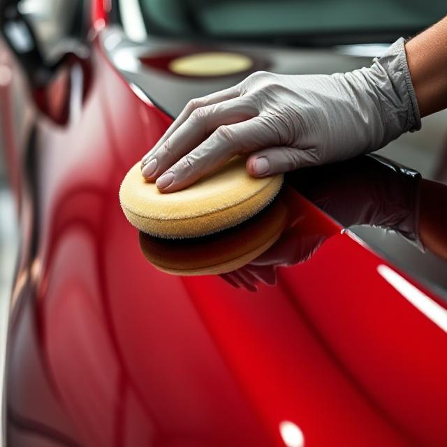 Artimas automobilio dažų paviršiaus vaizdas, kai jis poliruojamas specialia poliravimo pasta, siekiant atkurti blizgesį ir pašalinti įbrėžimus.