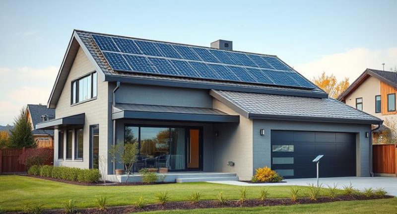Modernūs namai su saulės elektrine ir energijos kaupikliu, užtikrinantys energijos nepriklausomybę.